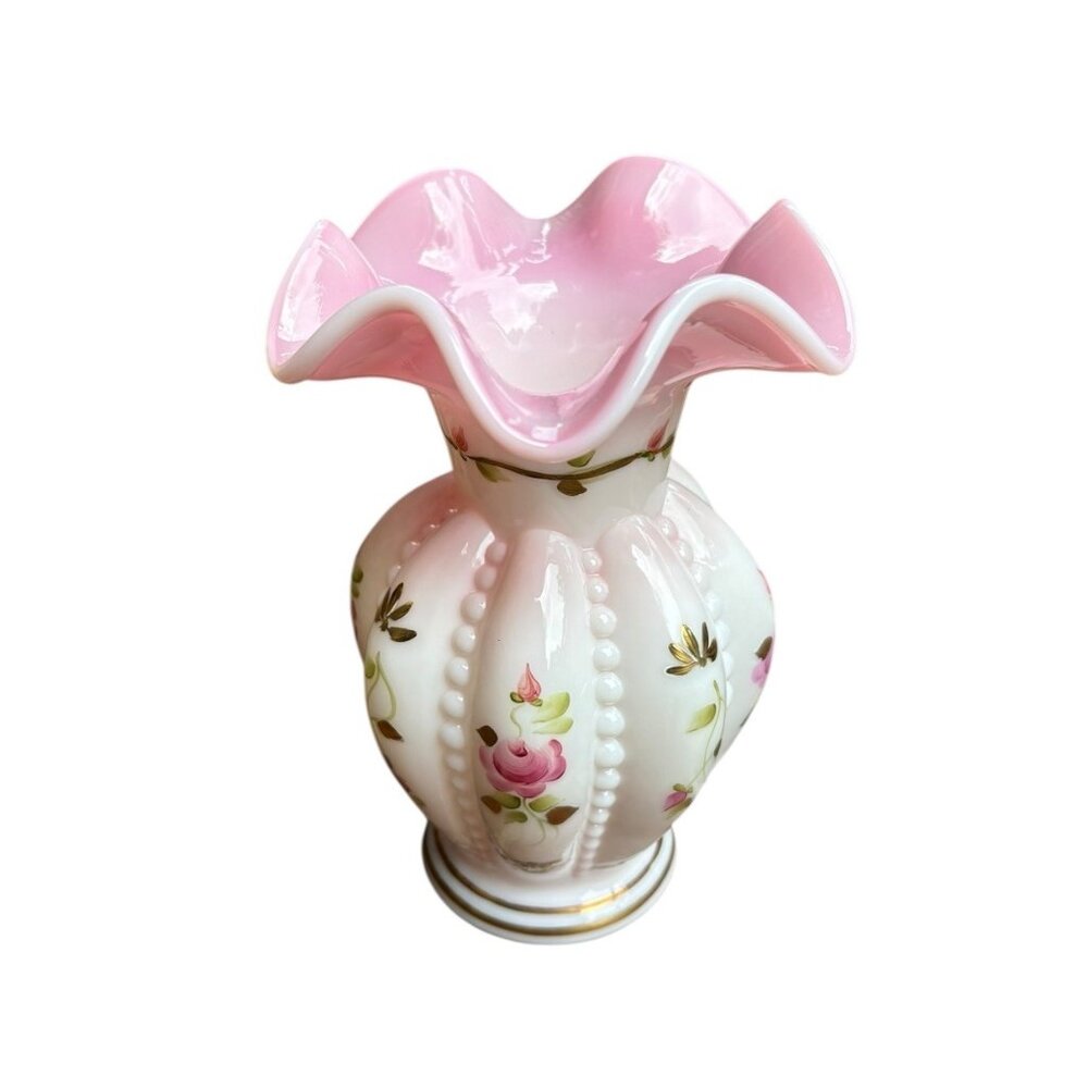Fenton Rosalene Charleton Collection Hand Painted Beaded Melon Vase 2002 Signed - Picture 6 of 9